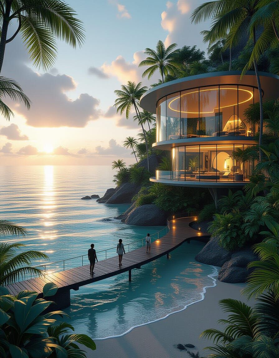 Futuristic Rainforest Beach with Neon Vines and Misty Sunris...