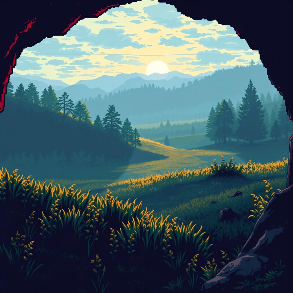 Pixel Art Meadow Cave at Dawn in Retro Style