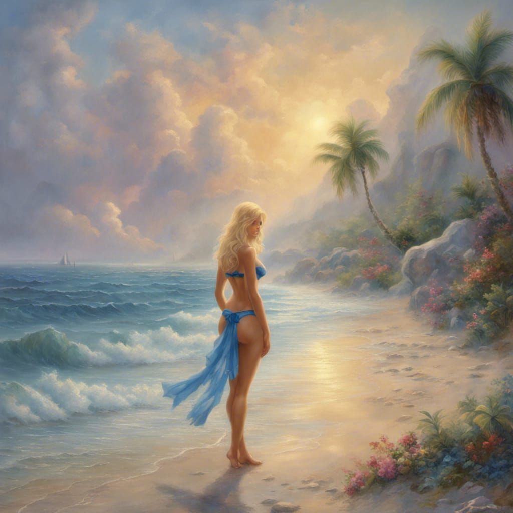 Blonde Woman on Tropical Beach in Ethereal Style