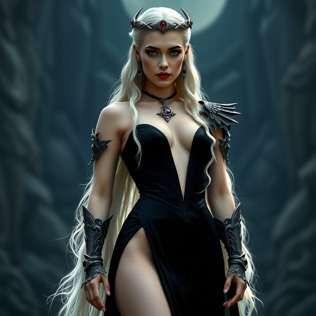 Ethereal Targaryen Queen in Black Gown with Dragon Accents