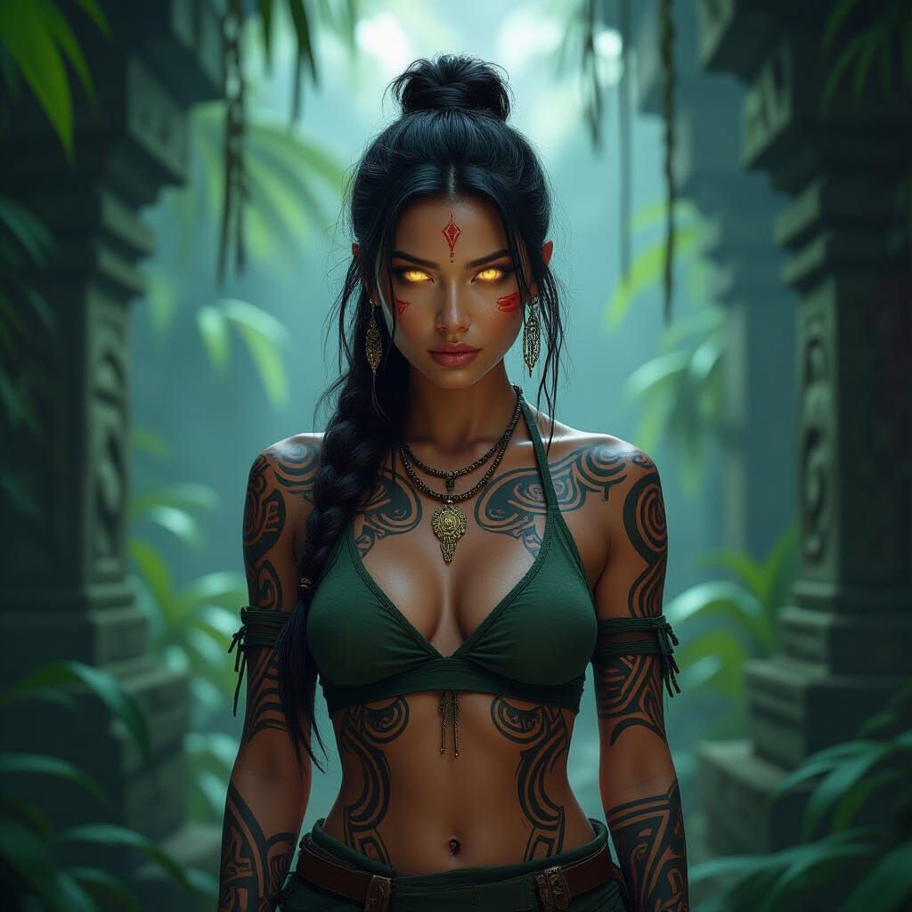 Mysterious Woman with Tribal Tattoos in Jungle Temple