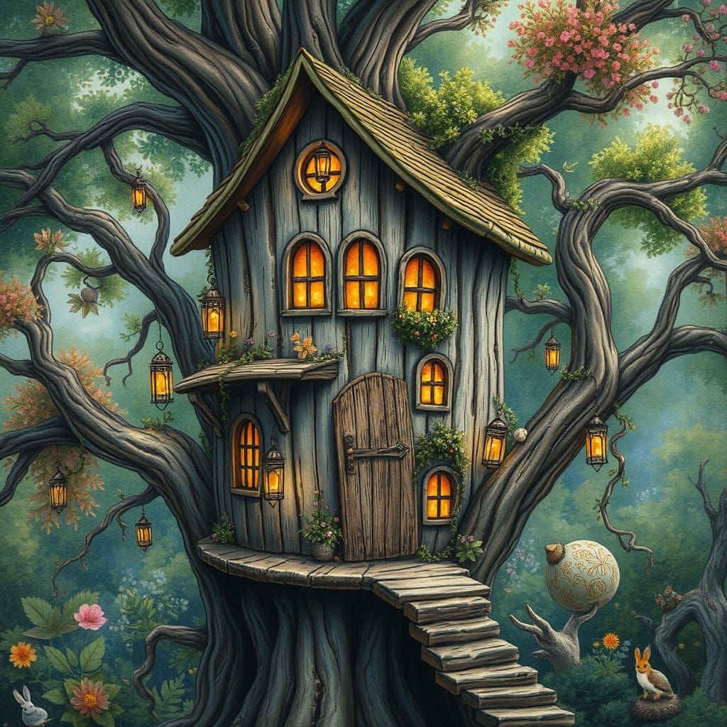 Enchanted Treehouse in Vibrant Forest