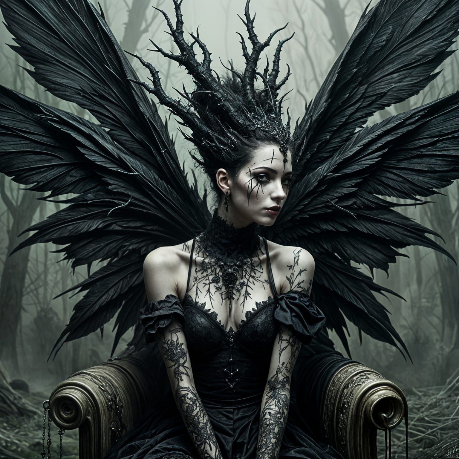 Gothic Fairy Queen on Thorn Throne in Dark Fantasy Style