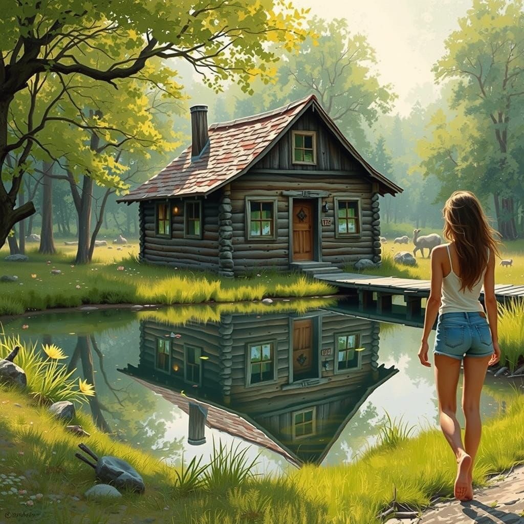 Woman Strides Towards a Serene Wooden Cabin Amidst Vibrant G...