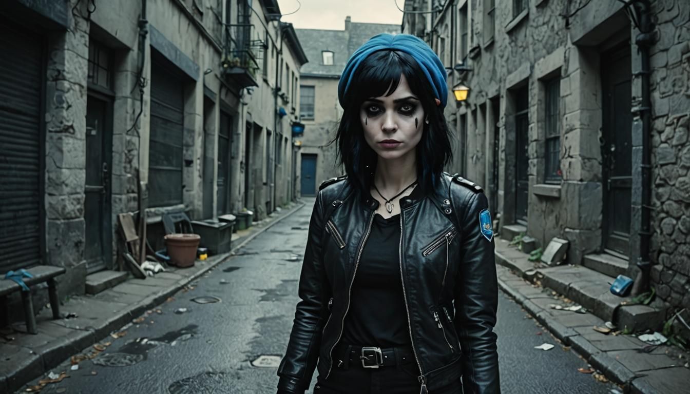 Cartoon character Smurfette with black hair and wearing Emo / Goth Clothes