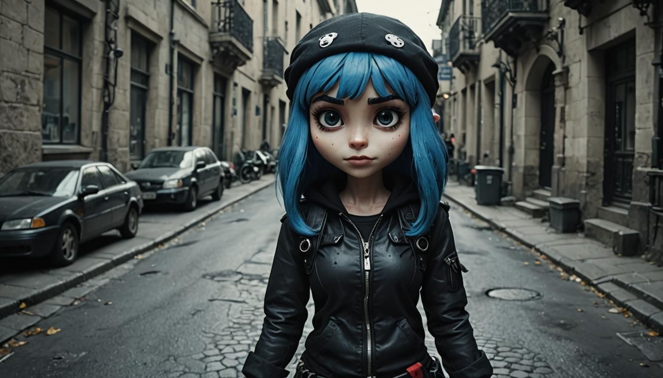 Cartoon character Smurfette with black hair and wearing Emo / Goth Clothes