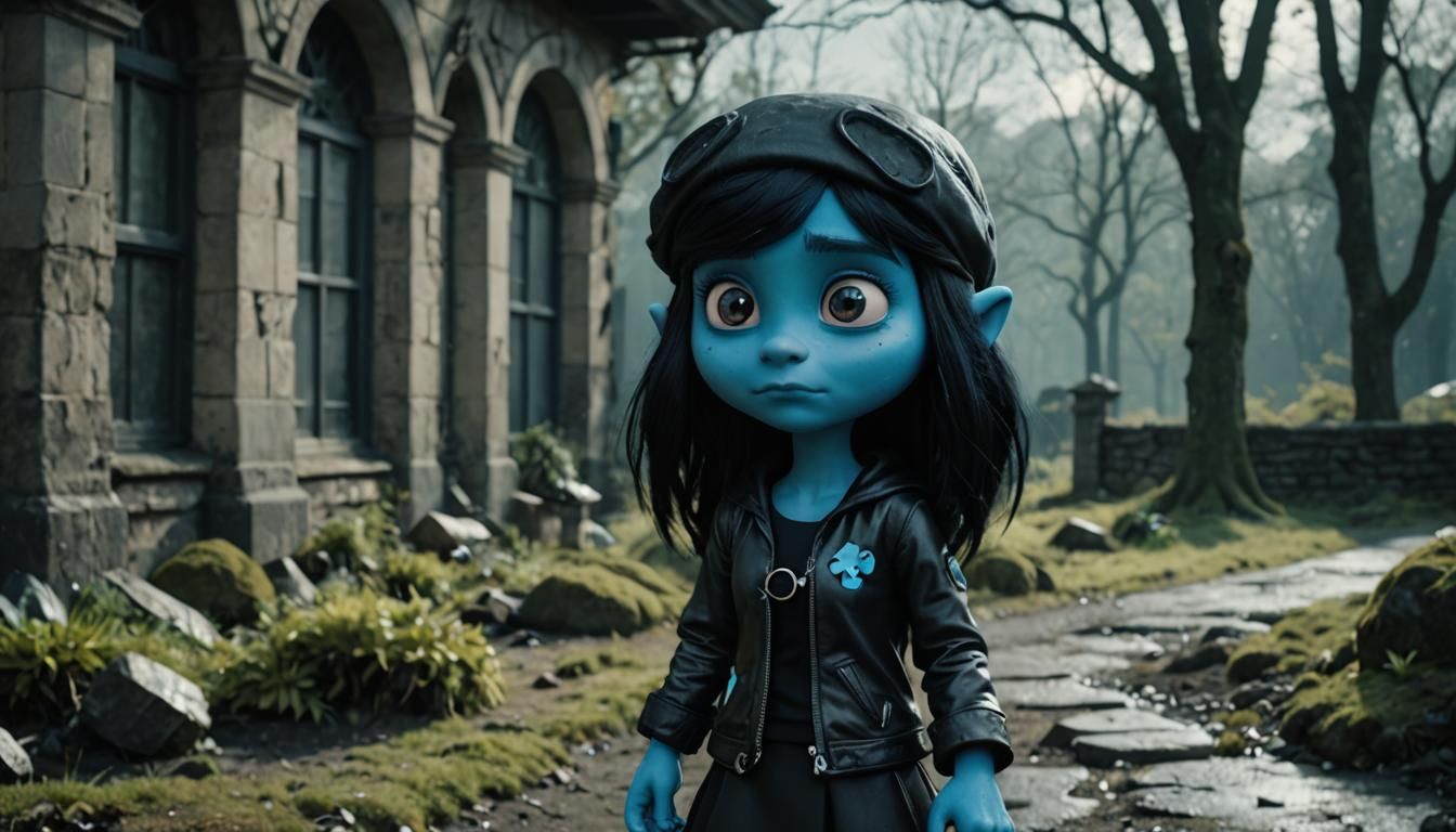 Cartoon character Smurfette with black hair and wearing Emo / Goth Clothes