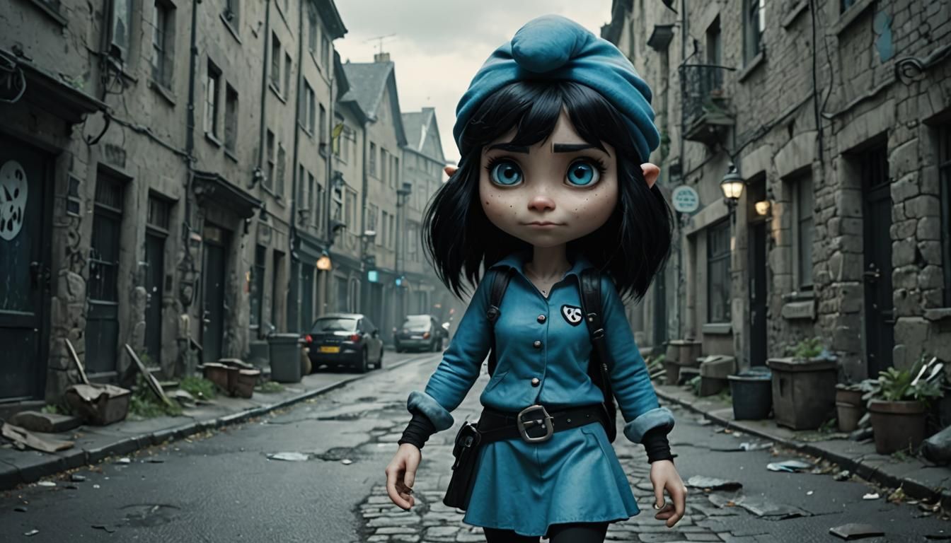 Cartoon character Smurfette with black hair and wearing Emo / Goth Clothes