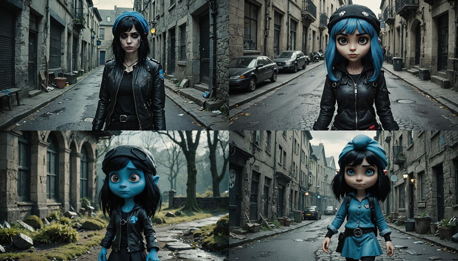 Cartoon character Smurfette with black hair and wearing Emo / Goth Clothes