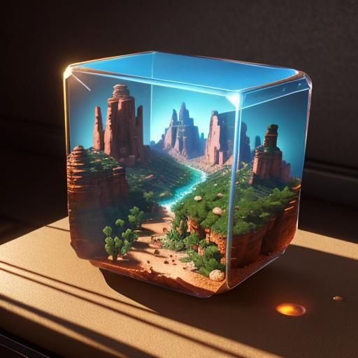 Miniature Desert Canyon in Glass Cube, 3D Render