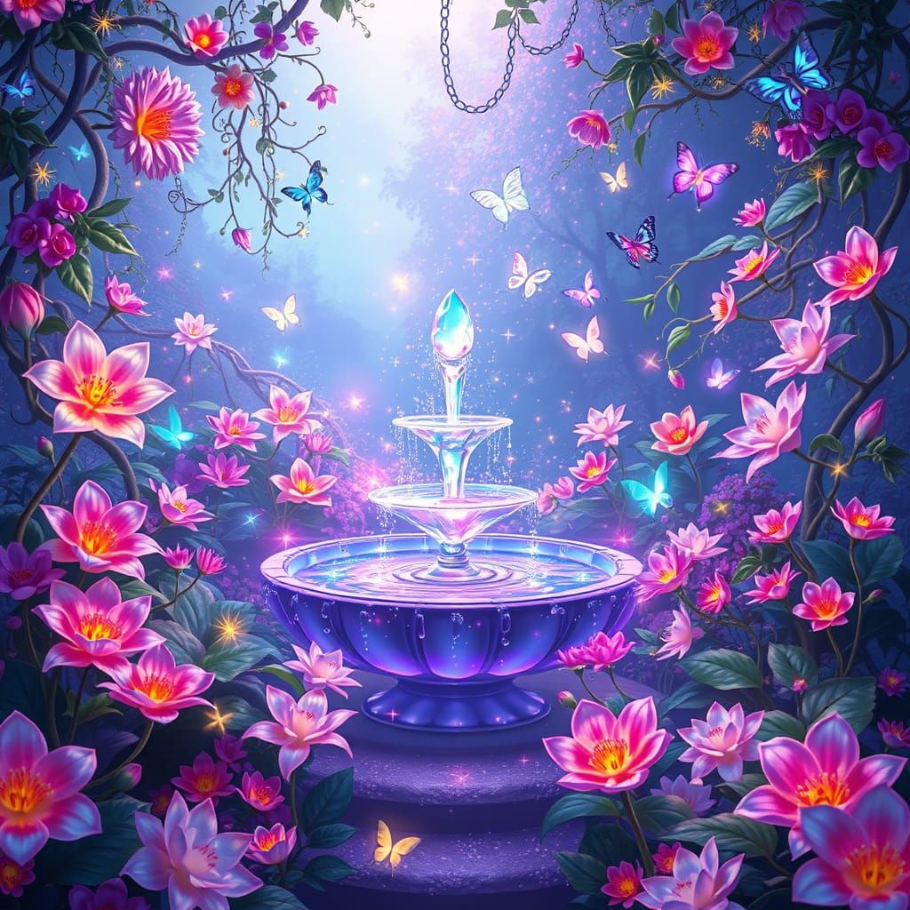 Enchanted Iridescent Garden with Crystal Fountain in Anime S...