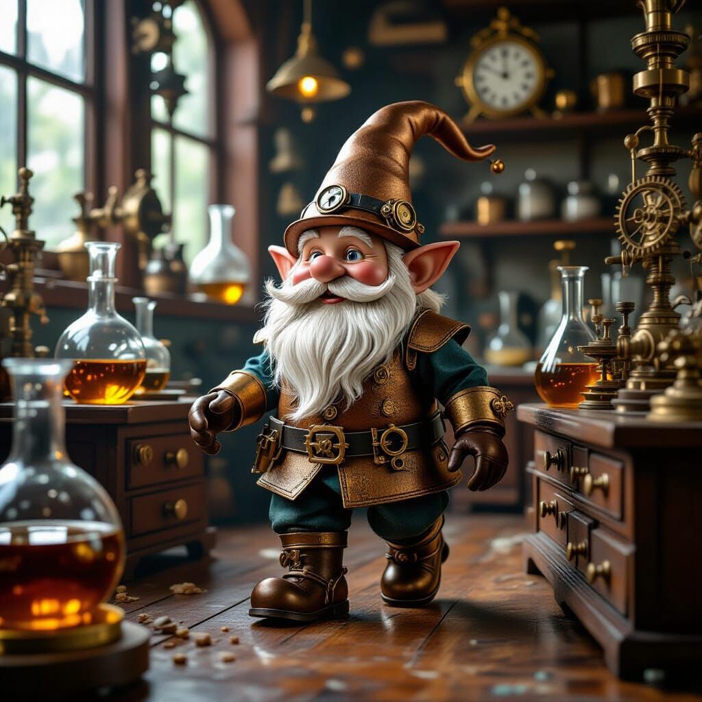 Steampunk Gnome Automaton in Victorian Laboratory