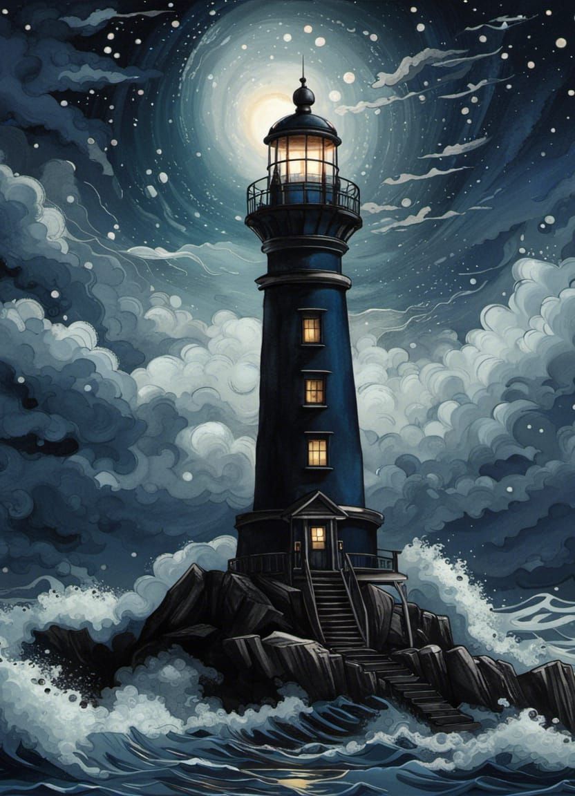 Blue Black Lighthouse at Night: Splash Art Design