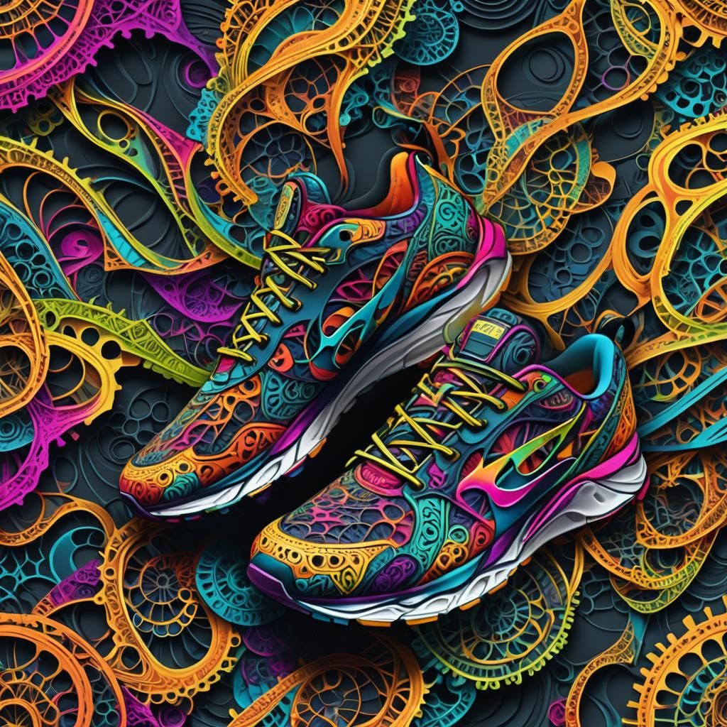 Sneakers on Swirling Fractal Background in Vector Style