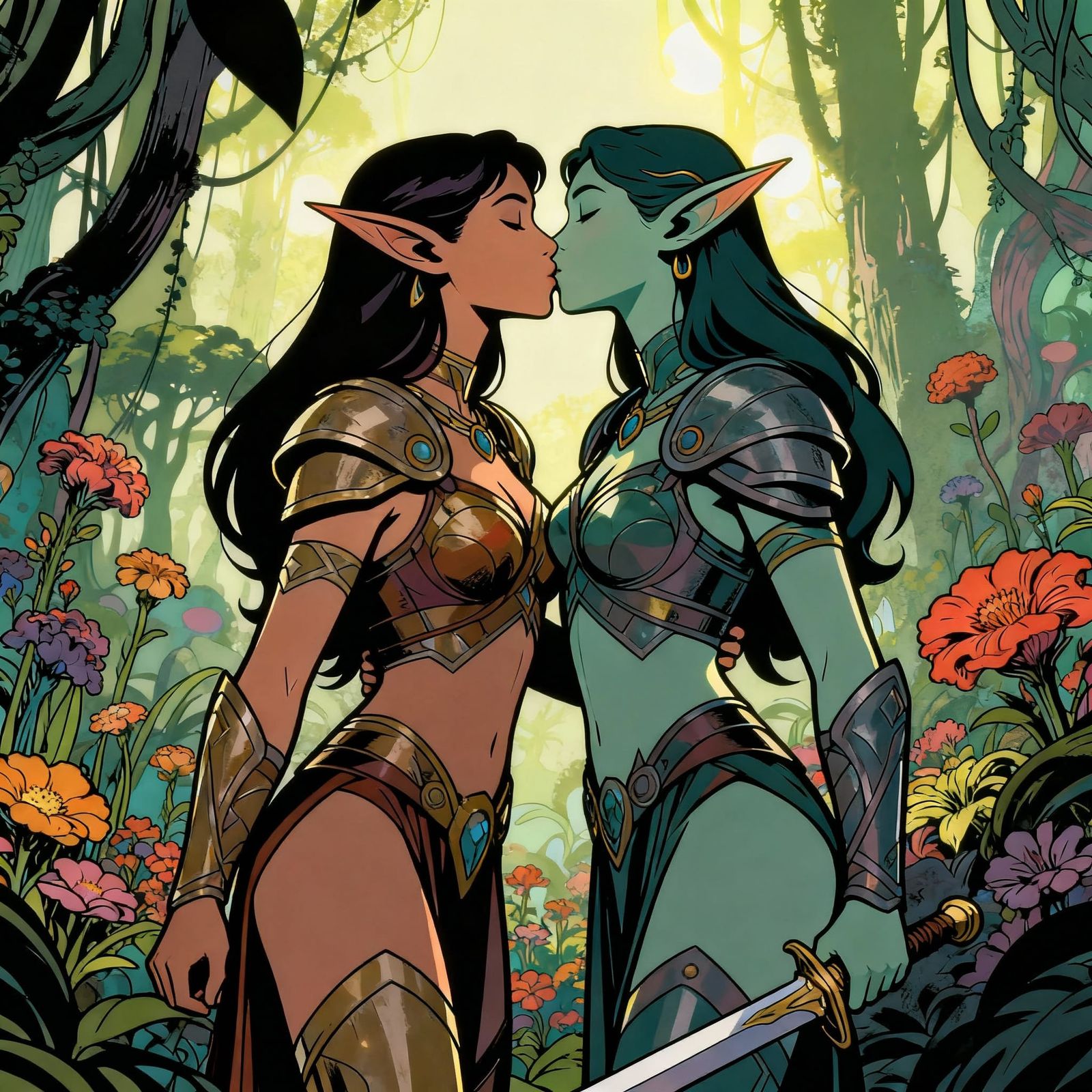 Elf Warrior Goddesses Kissing in Luminous Jungle