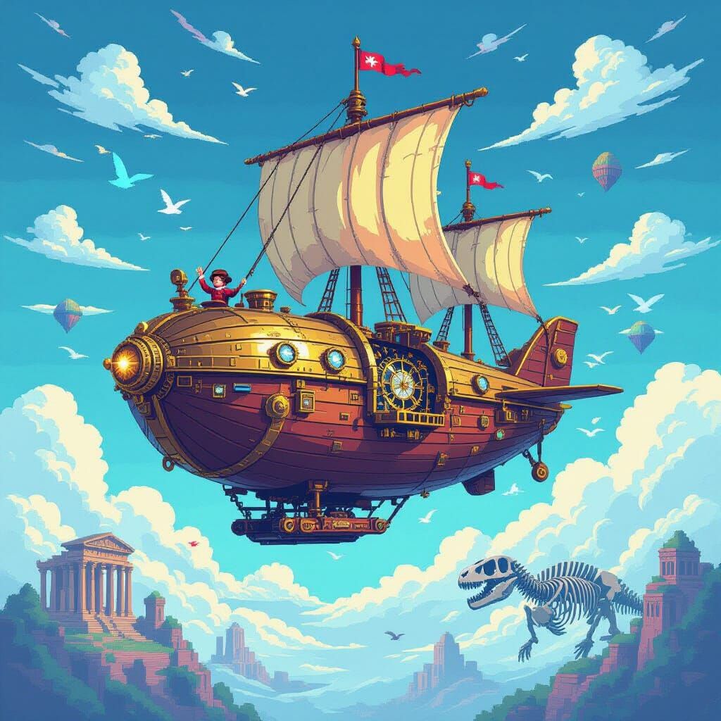 Steampunk Airship Navigates Pixelated Time Sky