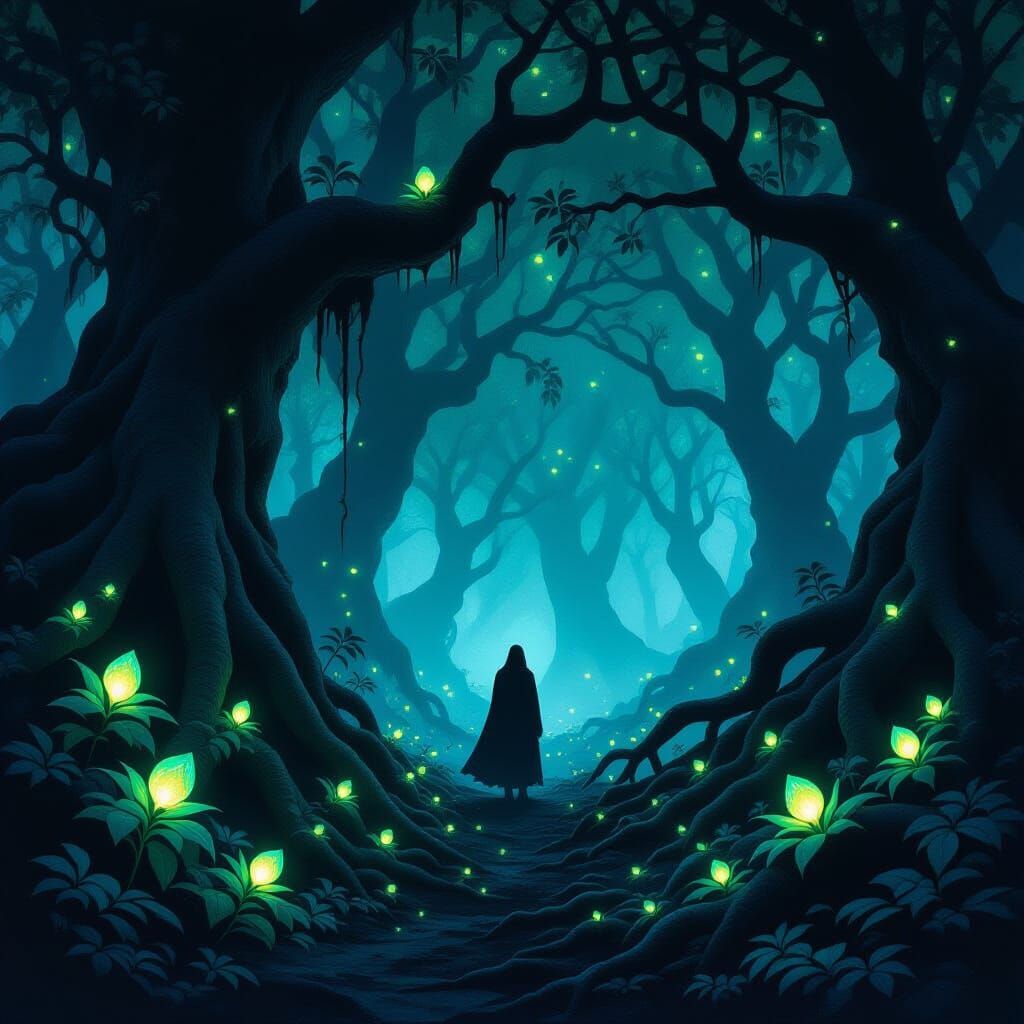 Mysterious Forest with Bioluminescent Flora and Glowing Seed...