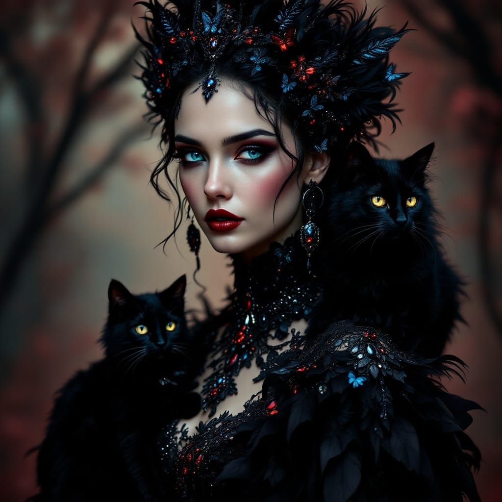 Gothic Fantasy Portrait of Enigmatic Woman in Lavish Black H...