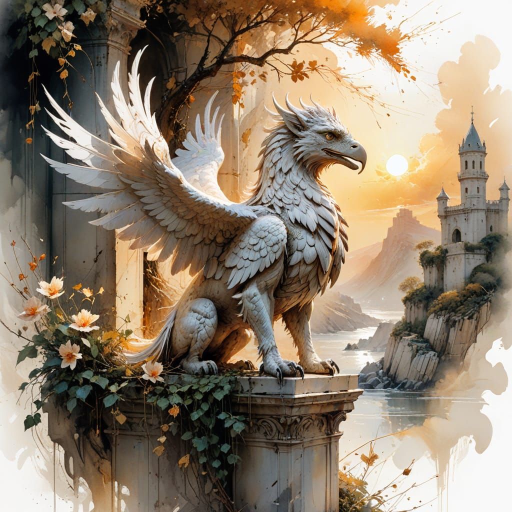 Griffin's Bastion: A Marble Monument in Watercolor Style