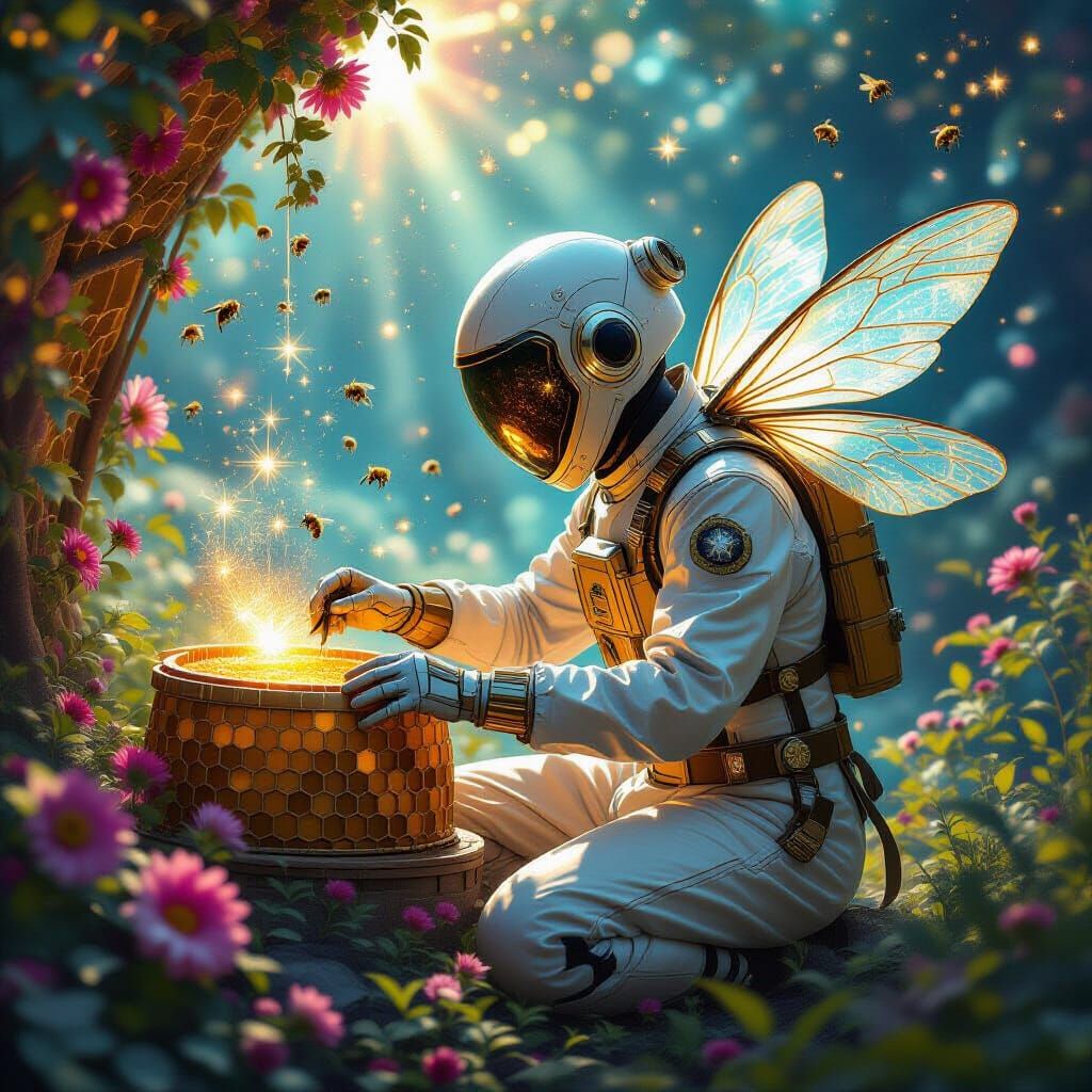 Celestial Beekeeper Collecting Stardust Honey, Art Nouveau S...