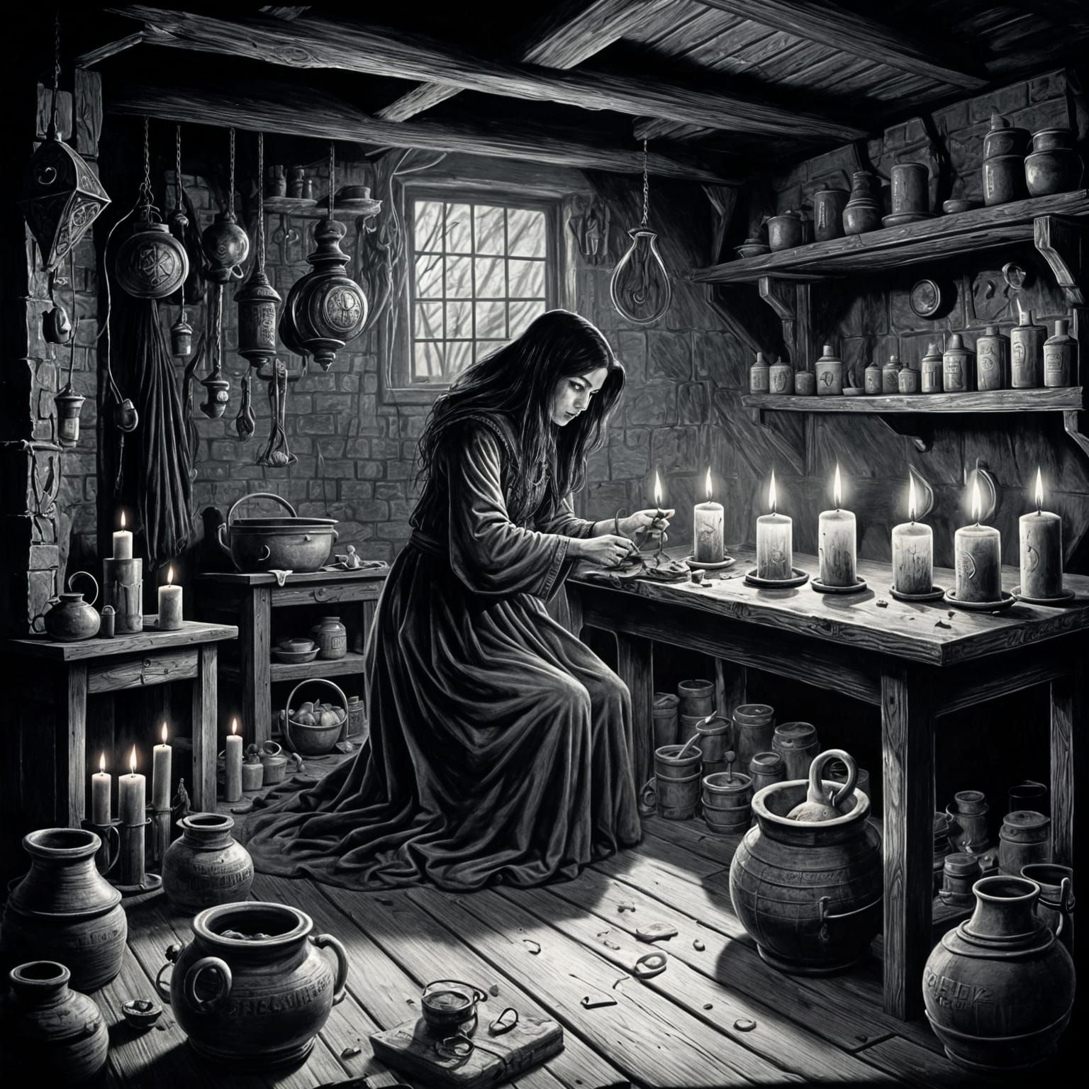 Creepy Witchcraft Scene in Dark Basement: Charcoal Art