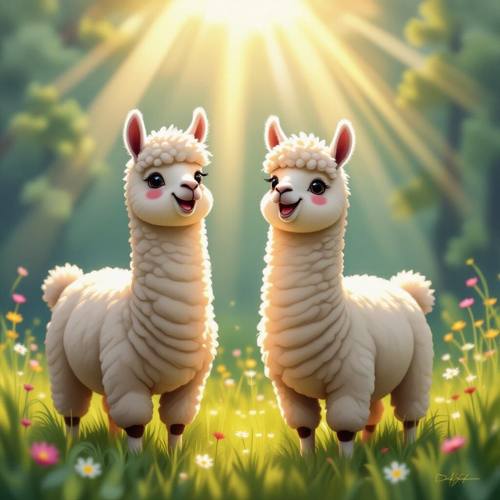 Laughing Llamas in Sunshine, Thomas Kinkade Wes Anderson Sty...