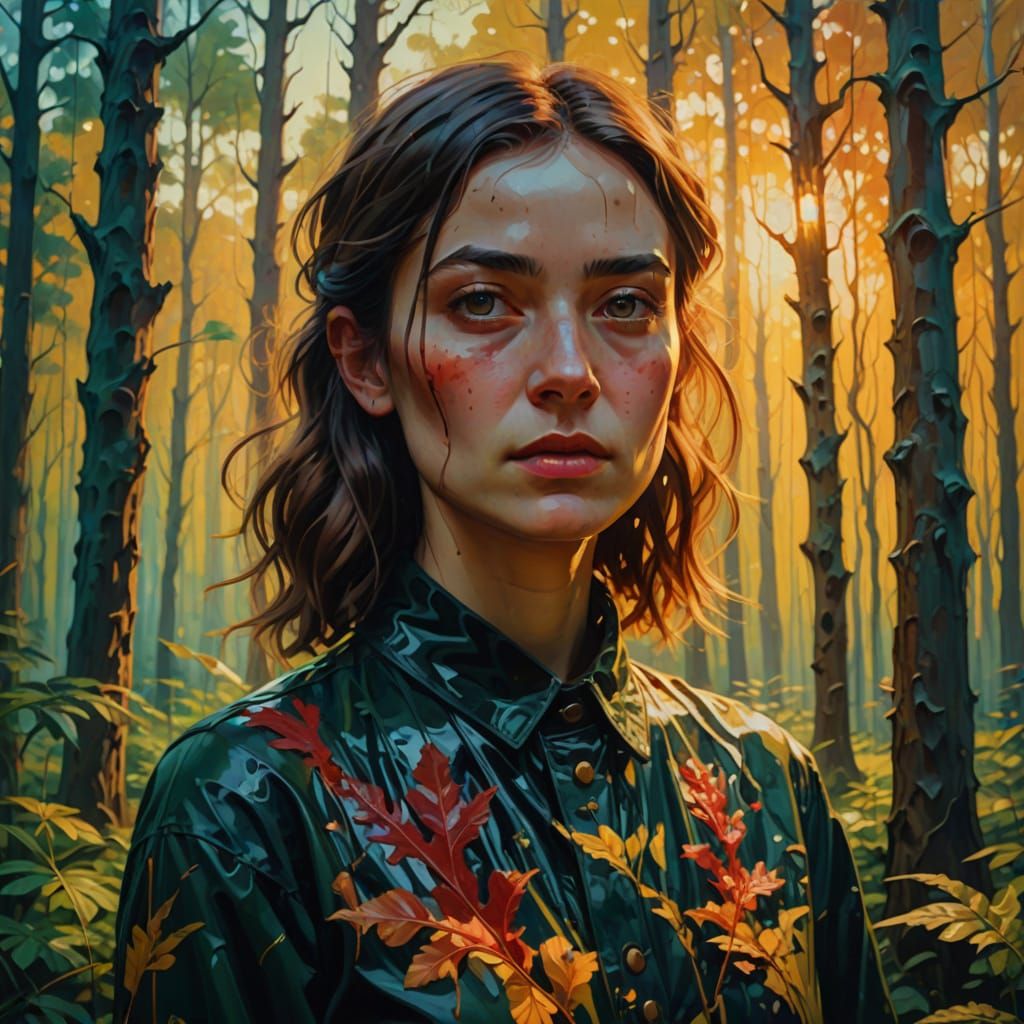 Woman in Forest as Vibrant Oil Painting
