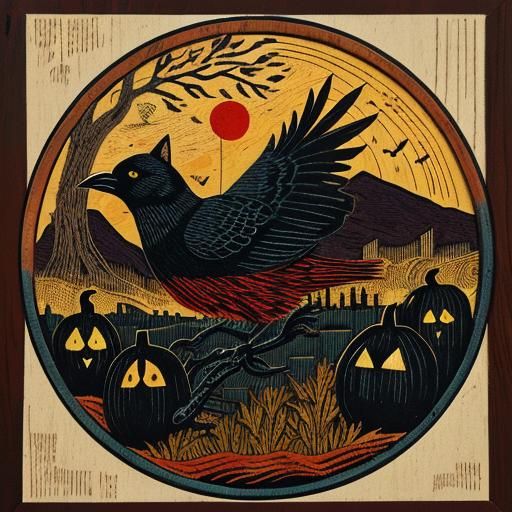 Eerie Woodblock Print: Fall 2024 with Black Cat