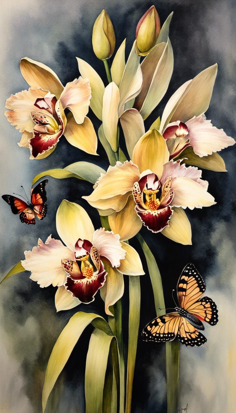 Orchid Bouquet with Butterflies in Watercolor Style