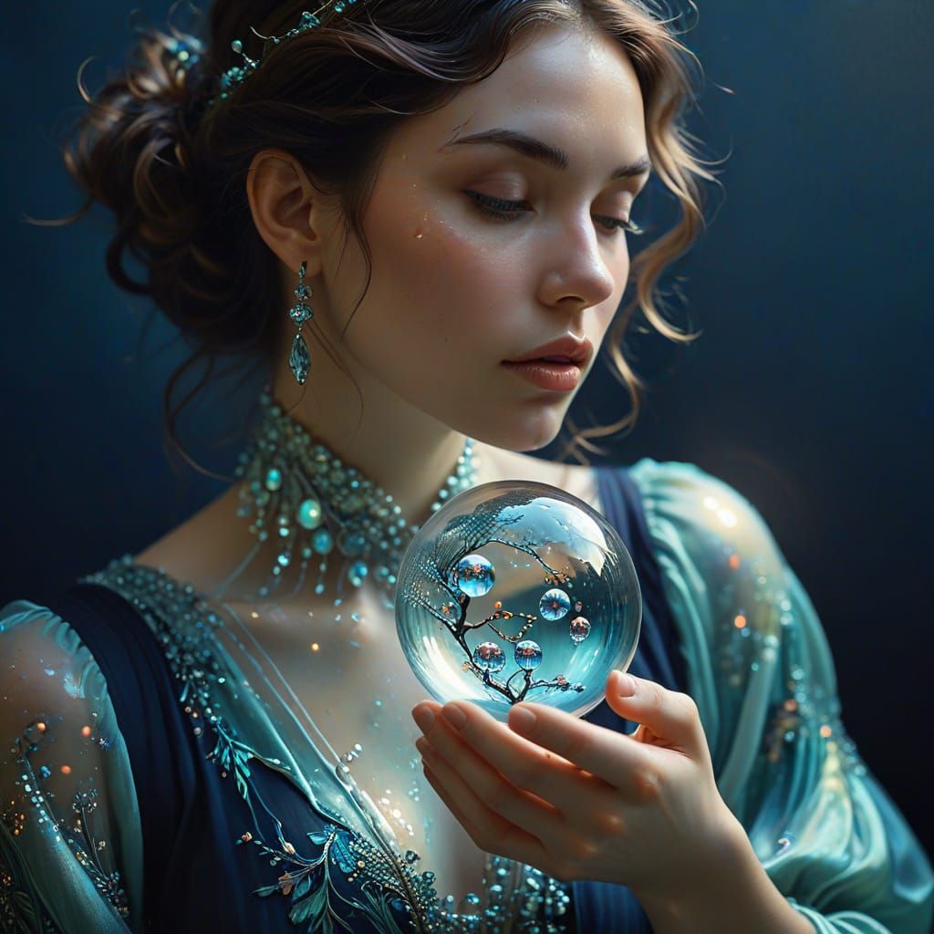 Woman Holding Bubbles with Miniature Landscapes