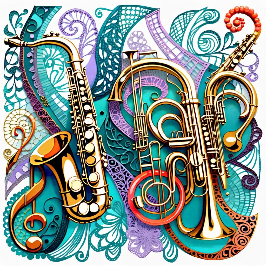 Abstract Zentangle Brass Section in Teal and Gold