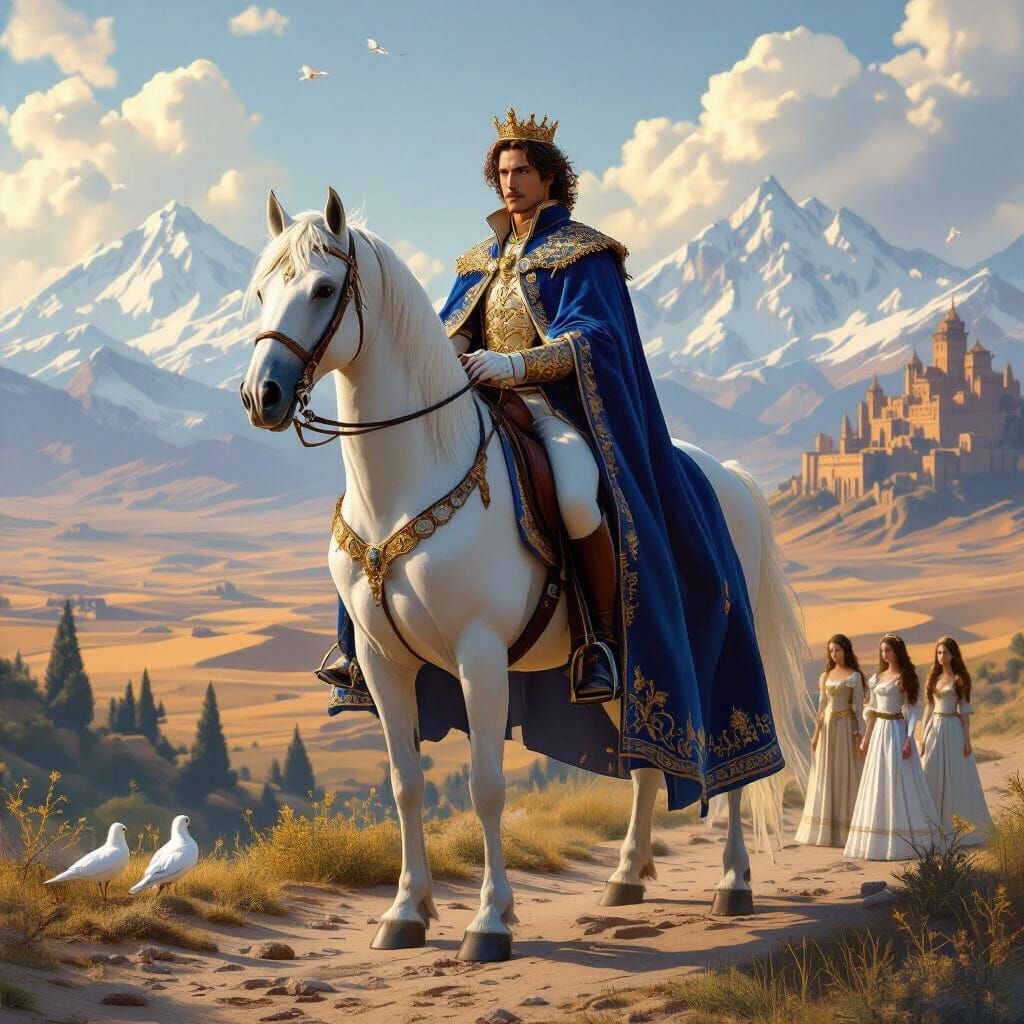 Melancholy Prince on White Stallion in Enchanted Landscape