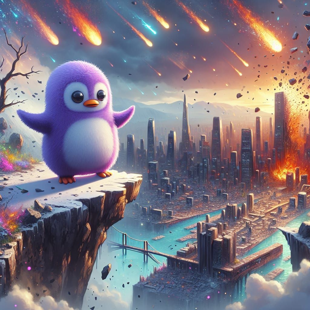 Whimsical Apocalypse: Cute Penguin Witnessing Fiery Meteors