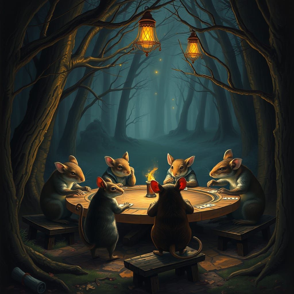 Forest Animals Play Poker in Ethereal Clearing