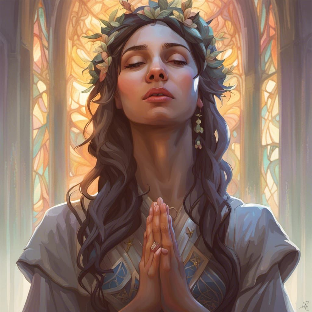 Woman Praying in Church: Hyperdetailed Portrait