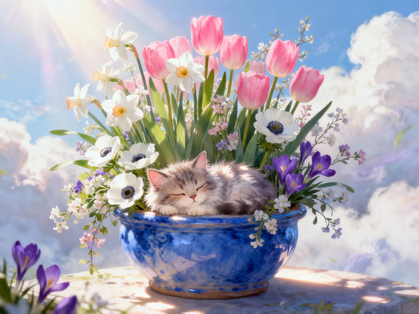 Fluffy Kitten Sleeps in Sunlit Flower Pot
