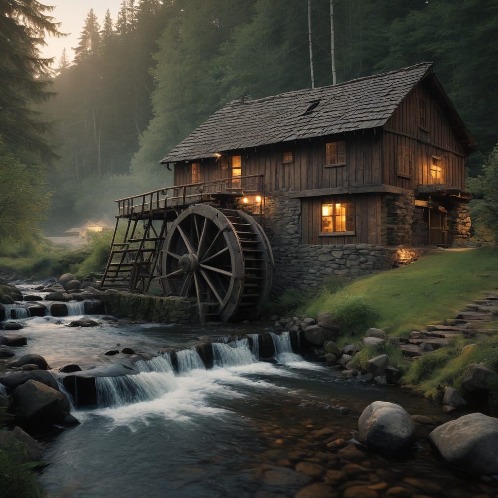 Rustic Waterwheel Serenity in Golden Hour
