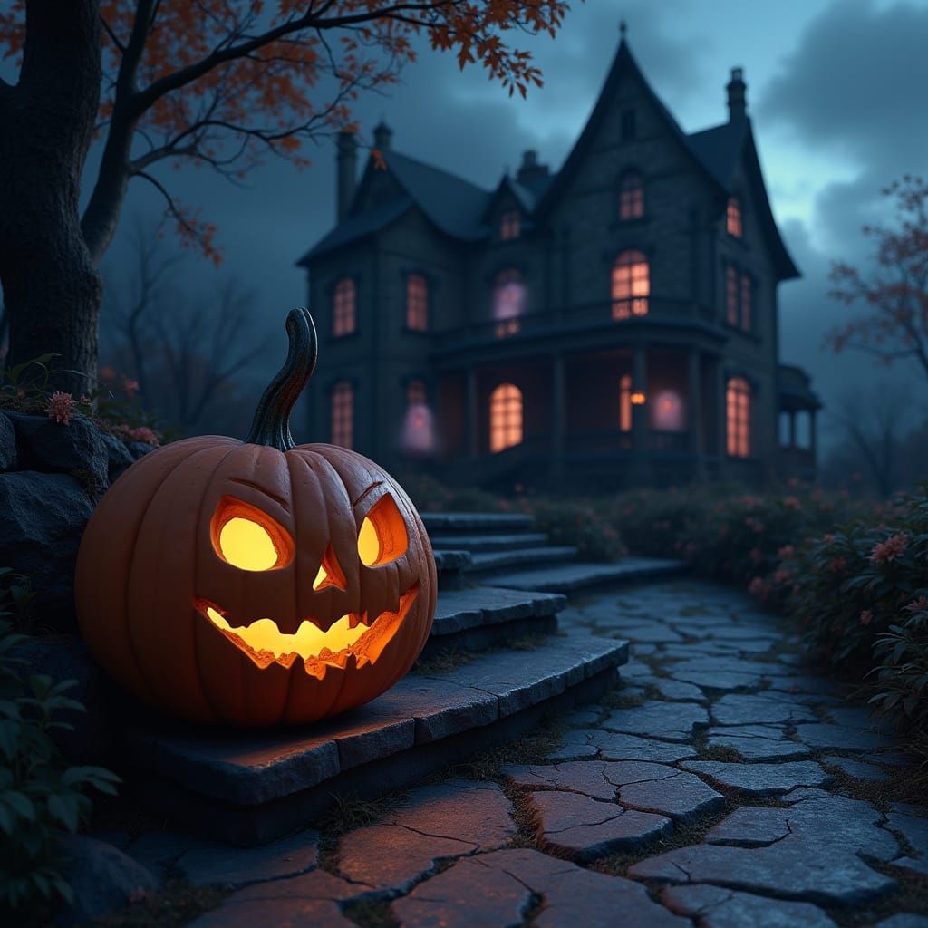 Eerie Mansion with Ghosts and Fall Pumpkin