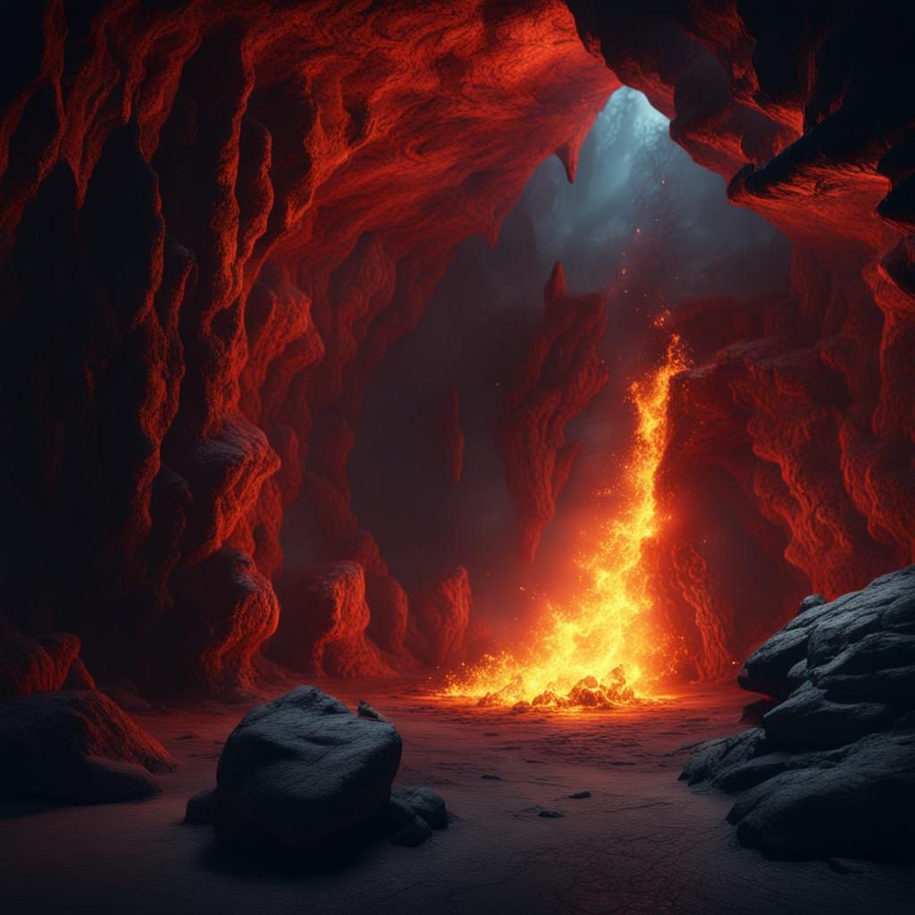 empty cave with fire burning