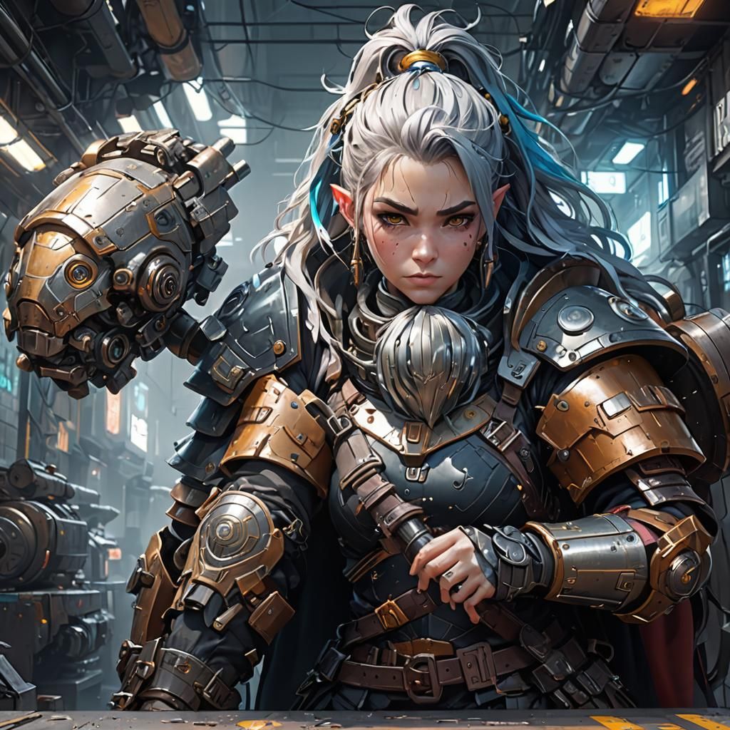 Cyberpunk Dwarf Warrior in 3D Anime Style