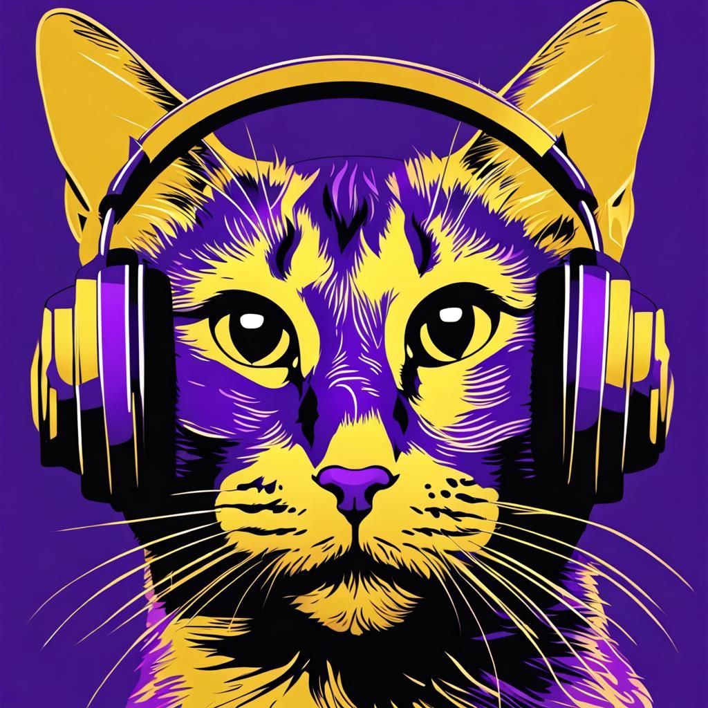 Pop Art Cat with Headphones in Purple and Gold