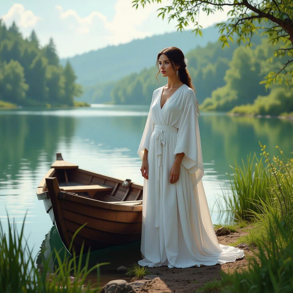 Woman by Lake in Detailed Matte Painting Style