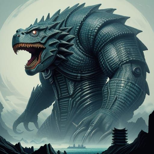 Giant Kaiju Rises from the Ocean, Threatening a Cityscape