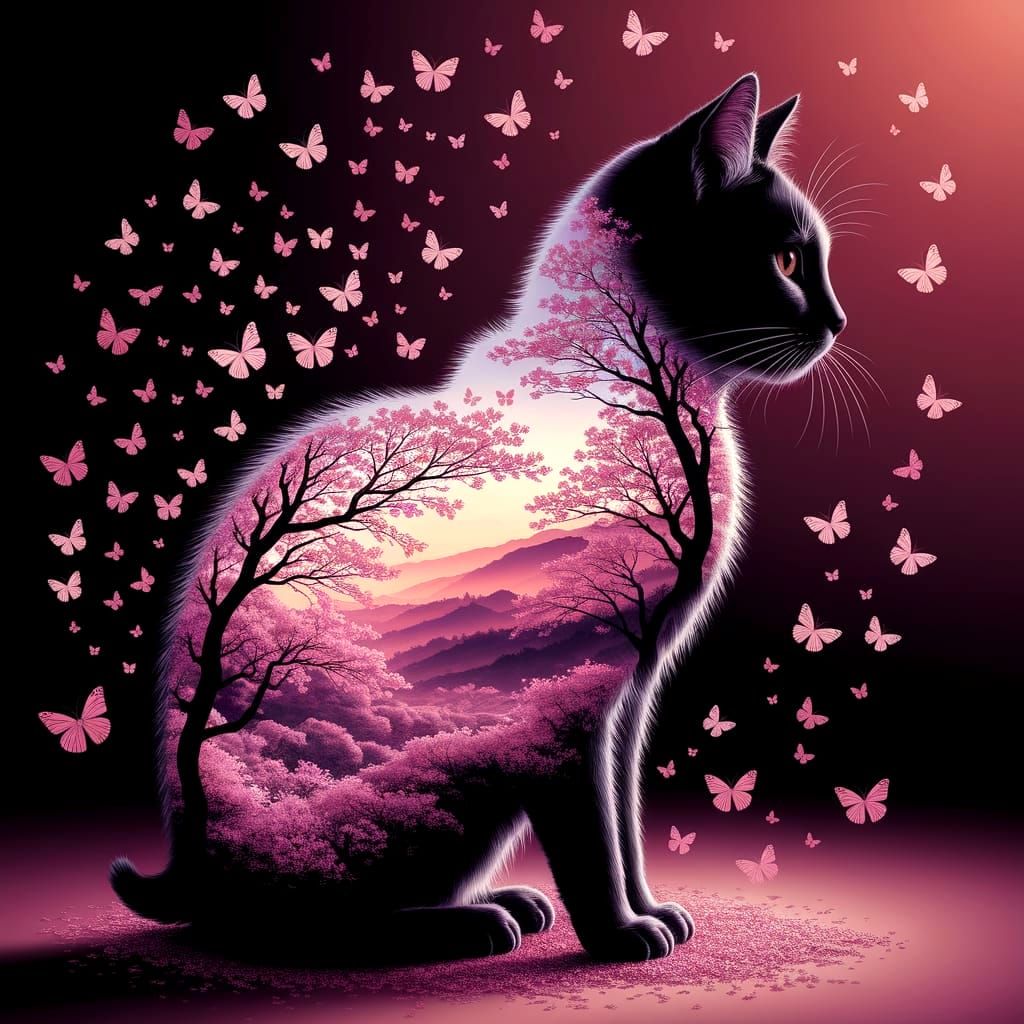 Japanese Landscape Inside Cat Silhouette, Digital Art