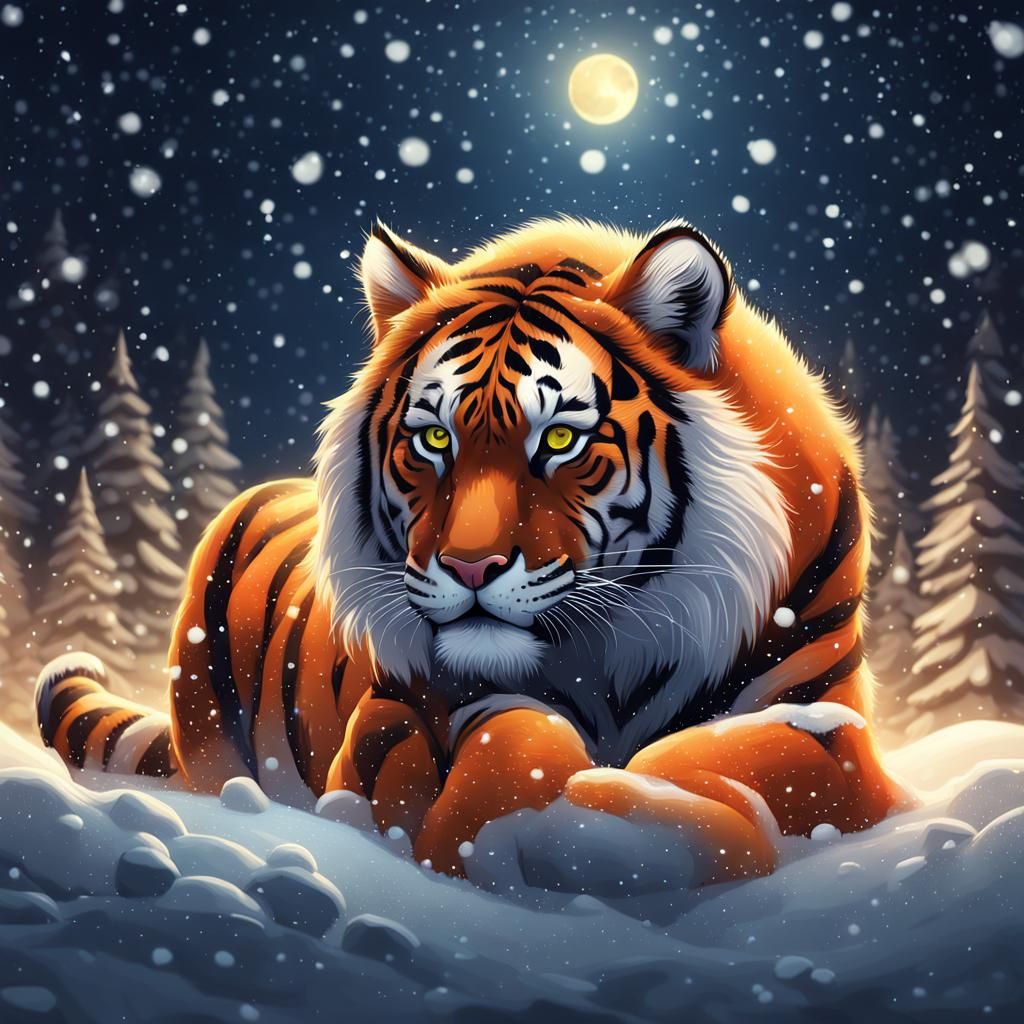 Orange Tiger in Snowy Night: Digital Matte Painting
