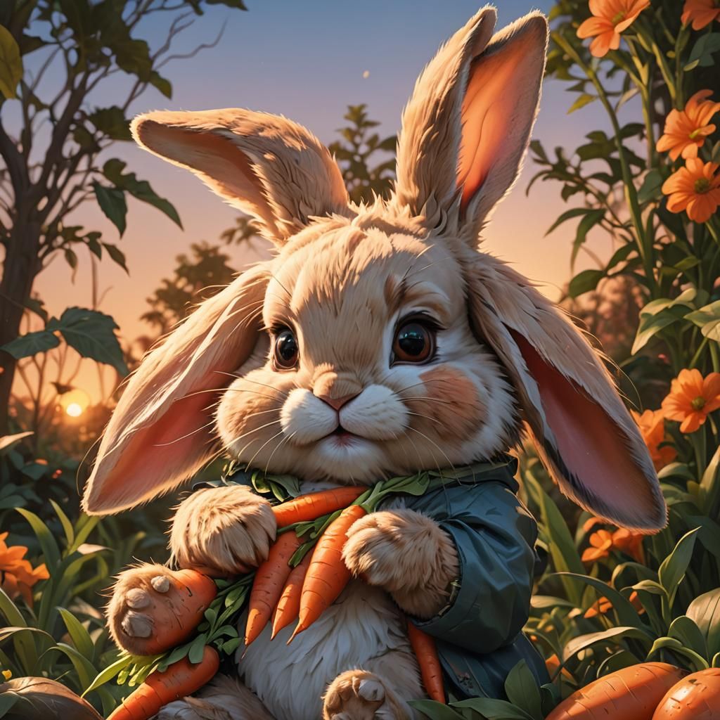 Surreal Sunset Bunny Portrait with Carrot