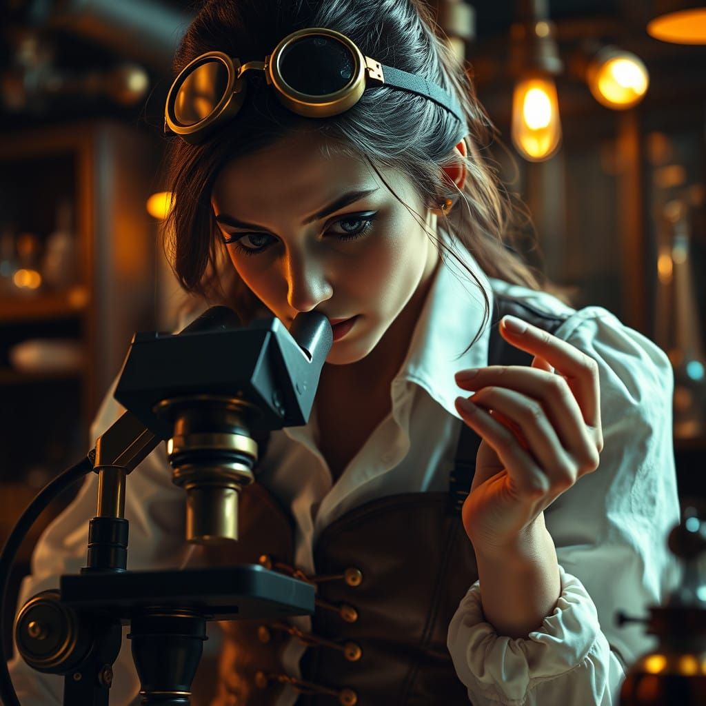 Steampunk Scientist in Victorian Attire Examines Specimen wi...