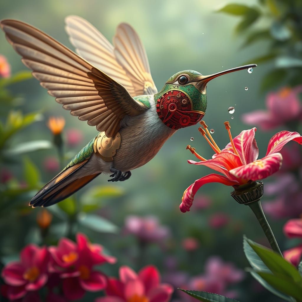 Steampunk Hummingbird in a Vibrant Garden
