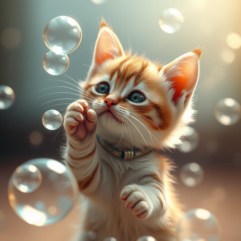 Kitten Playing with Bubbles in Hyperrealistic Style