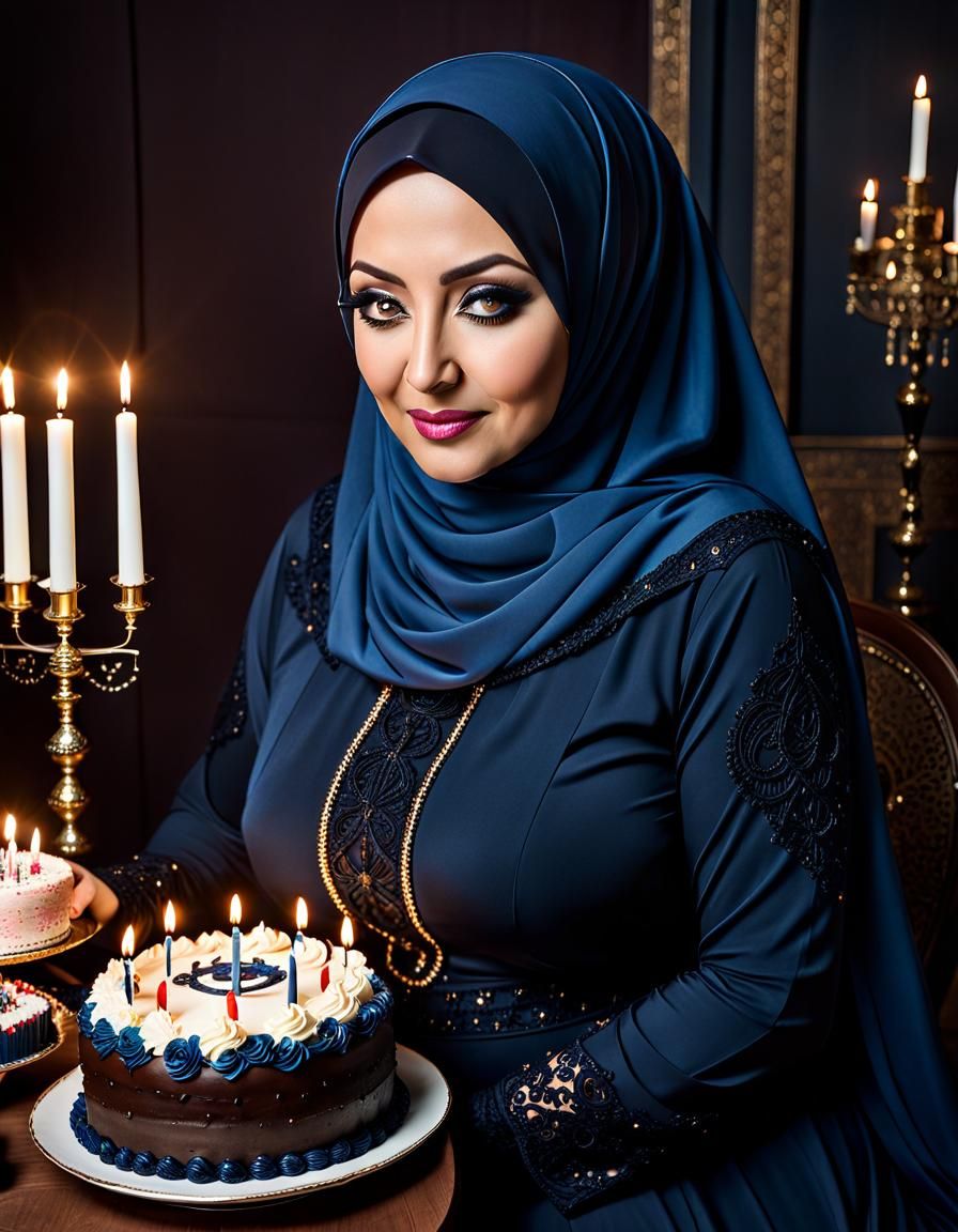 Detailed Portrait of Middle Eastern Woman with Birthday Cake